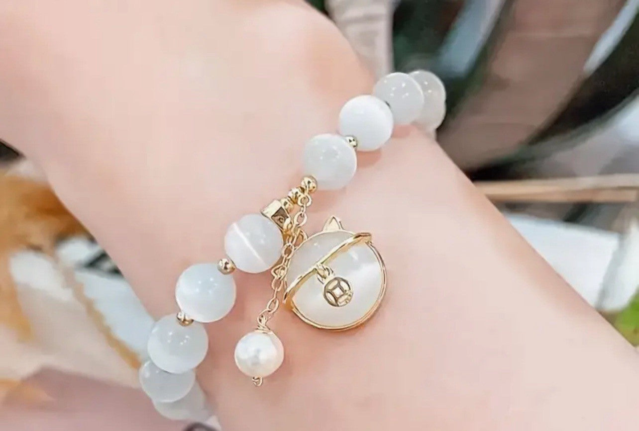 Lucky Moonstone Beads Cat Bracelet Attracting Wealth Women Jewelry Gift New